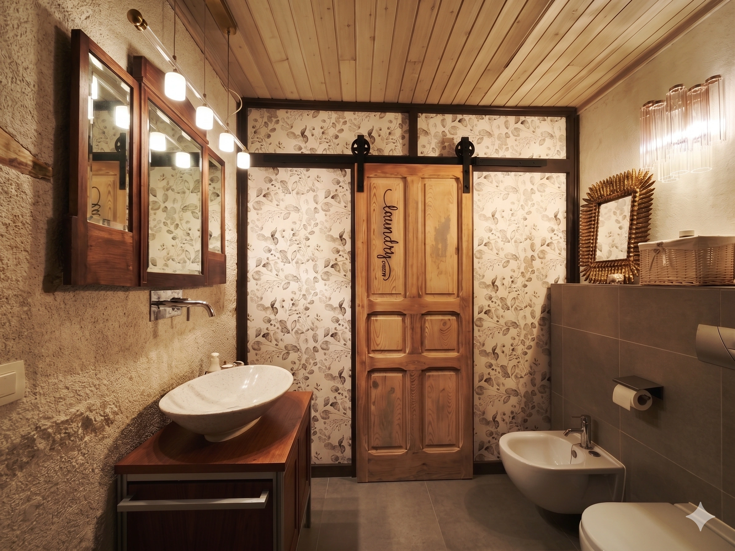 Baño rústico con puerta corredera de granero y lavabo sobre encimera de madera