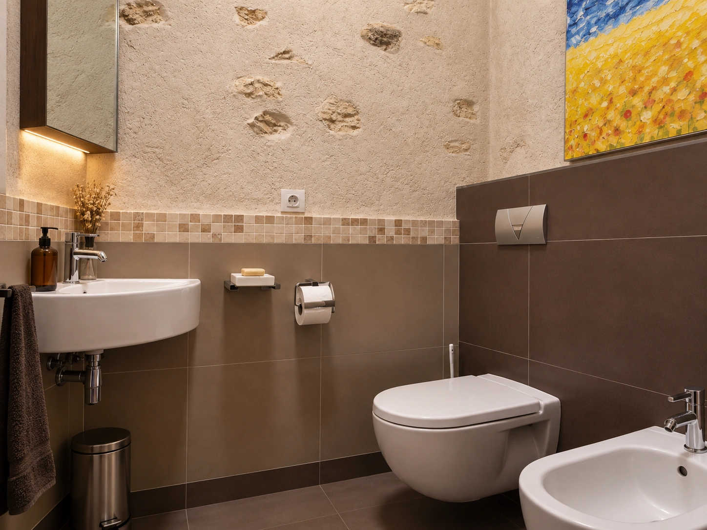 Baño de la suite con pared de piedra vista y cuadro de trigo amarillo