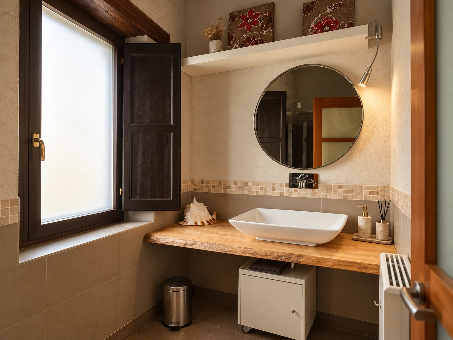 Baño de la suite con lavabo sobre tabla de madera natural y contraventanas