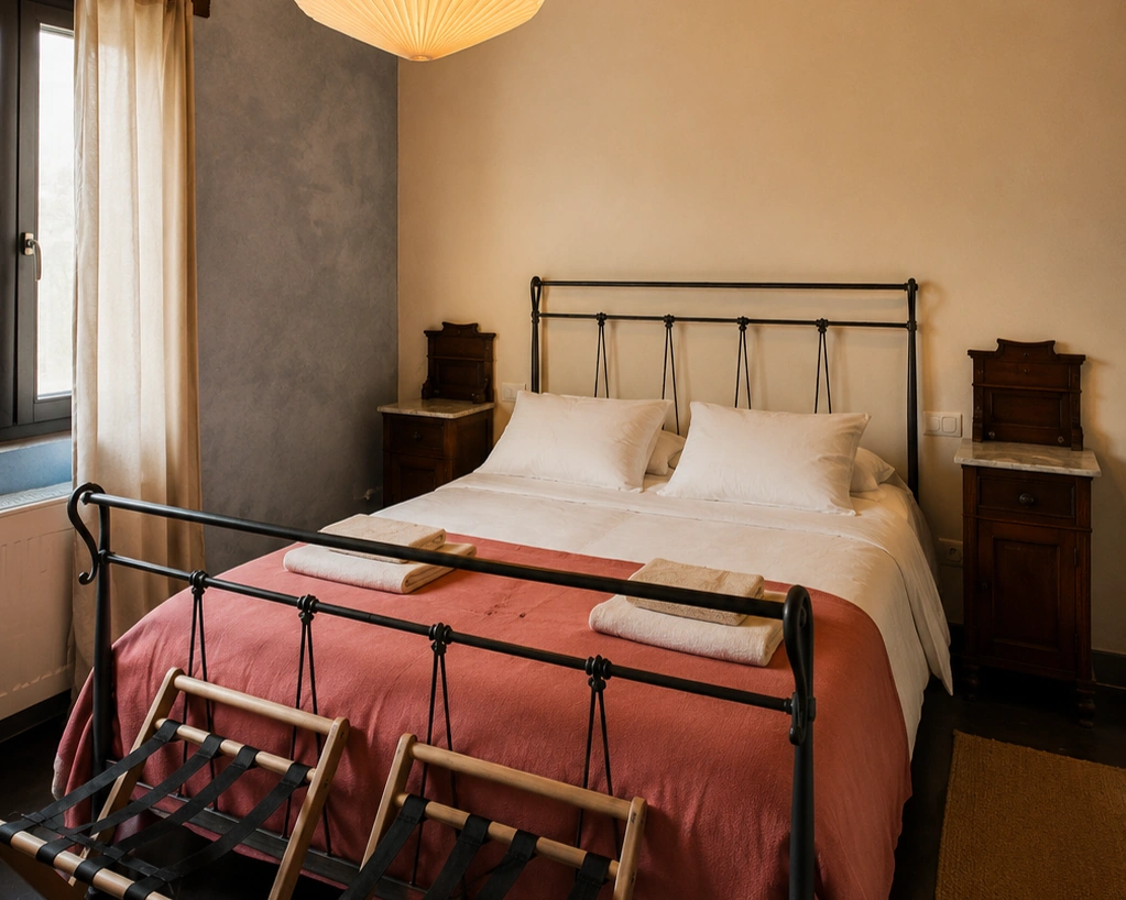 Dormitorio azul con cama de forja y colcha coral en la casa rural
