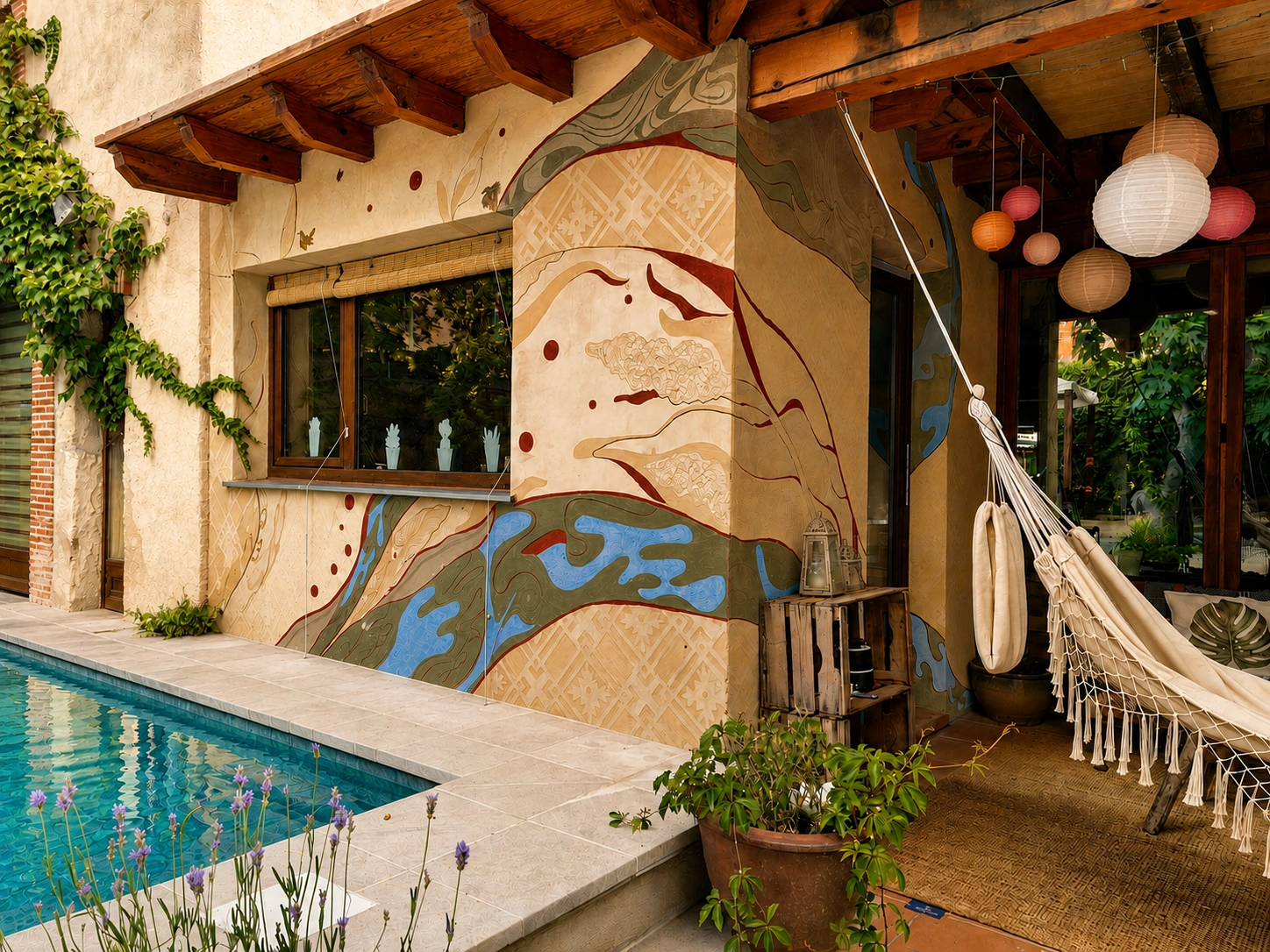 Fachada con esgrafiado segoviano tradicional junto a la piscina de Viento de Ladera