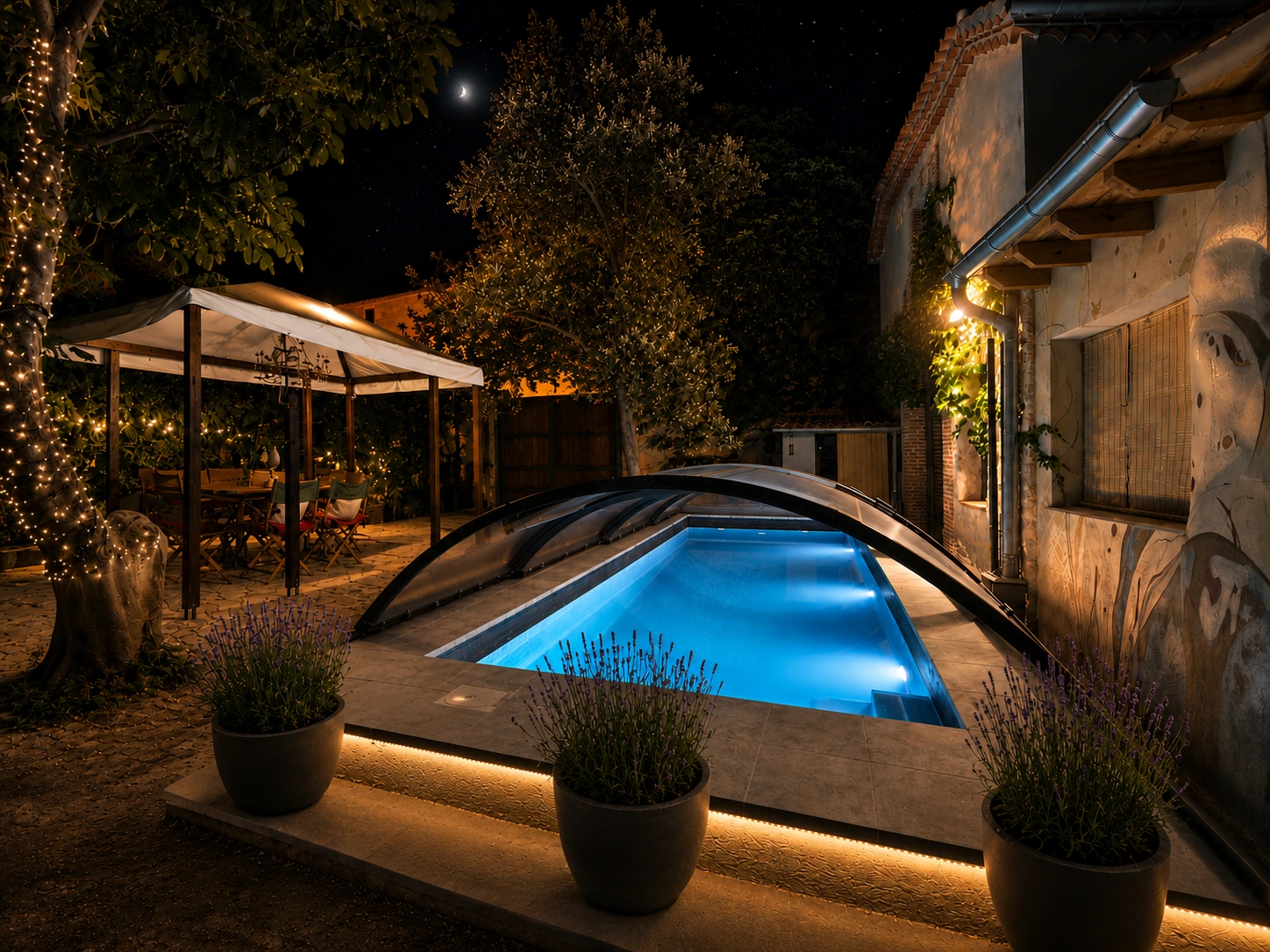 Piscina climatizada cubierta iluminada de noche en el jardín de Viento de Ladera