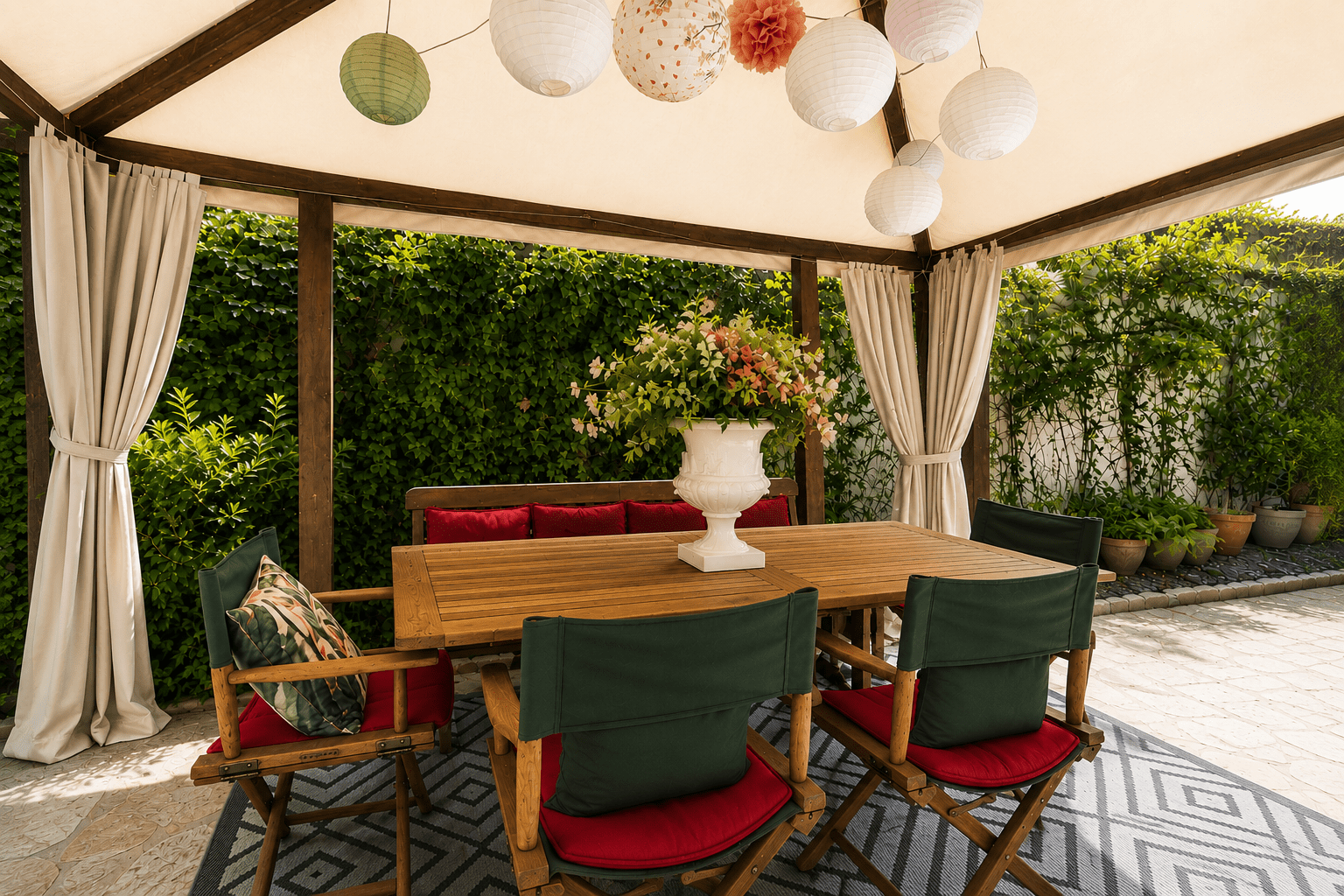 Pérgola con mesa de comedor exterior y sillas verdes en el jardín de la casa rural