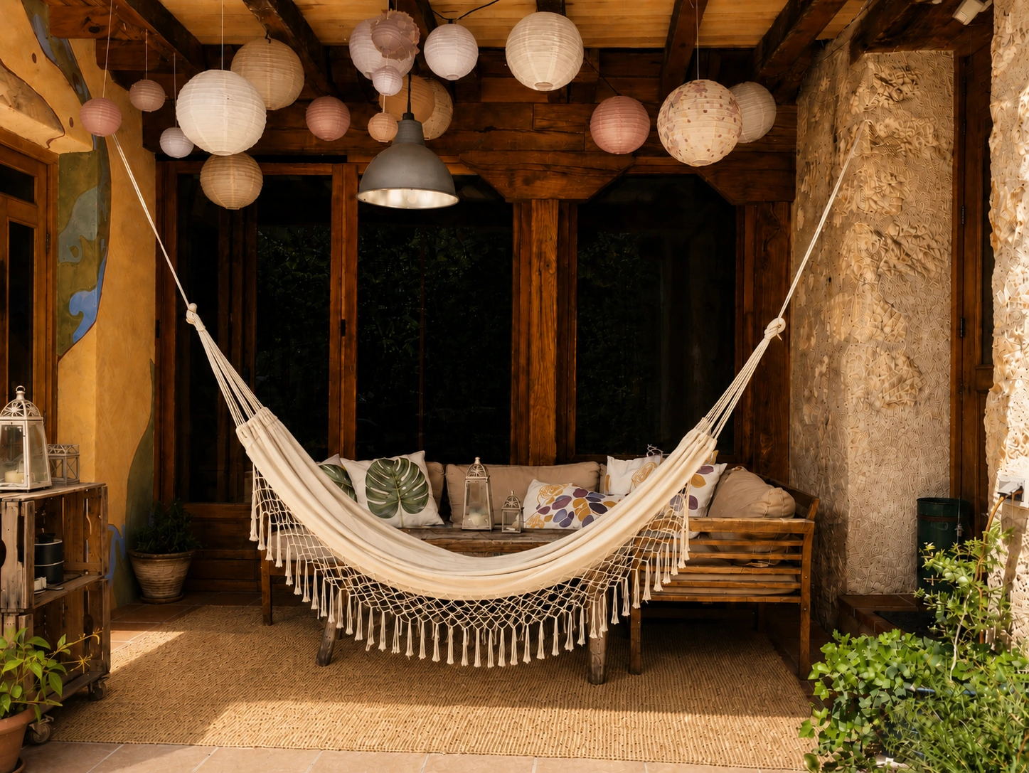 Chill out con hamaca y sofá bajo el porche de la casa rural Viento de Ladera