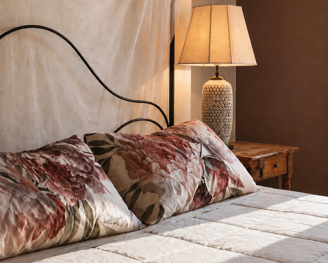 Detalle del cabecero de forja y lámpara de mesilla en la suite de la casa rural